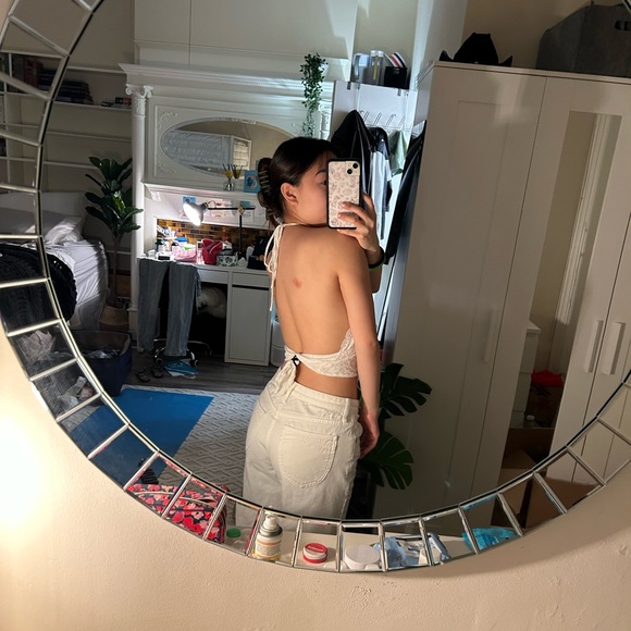 White shimmer linen tie back halter neck top size m - Picture 5 of 6